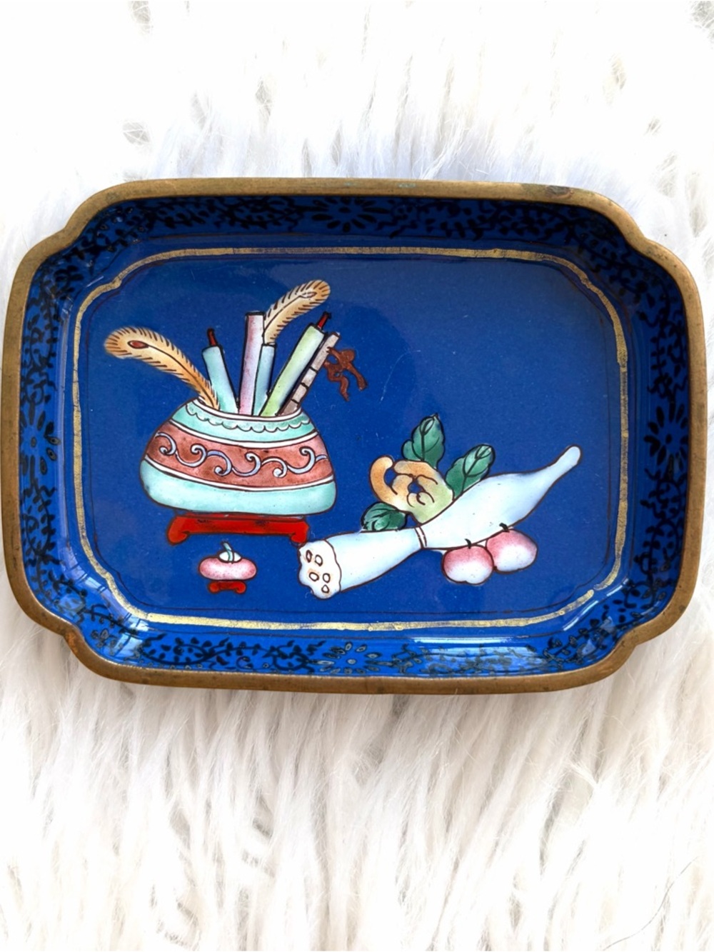 Antique Blue Cloisonné Trinket Tray with Colorful Motif